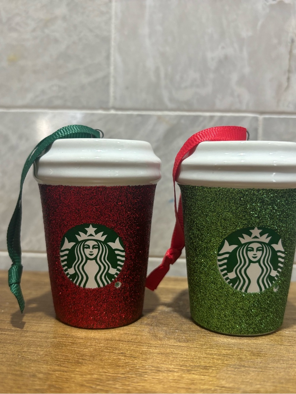 Set of 2 Holiday Glitter Starbucks ornaments